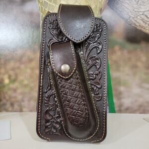 Western Leather Phone Holstor With Knife Sheath & Belt Clip LG Floral Basketweav